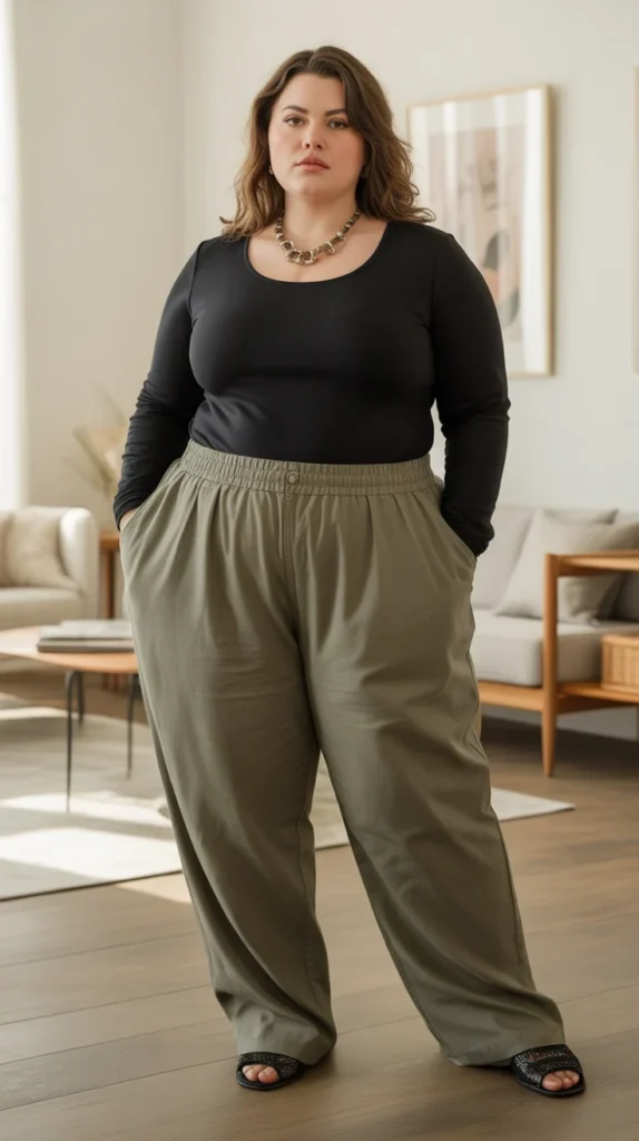  Plus-size woman in black long-sleeve top, olive green baggy pants, and statement necklace, posing in a bright room with wooden floor.