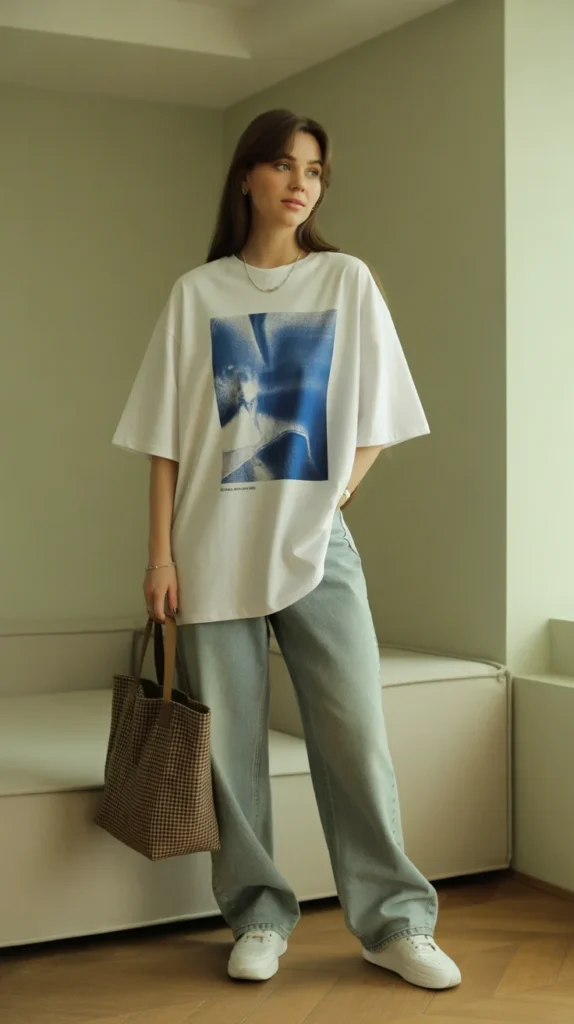 Young woman in sophisticated casual outfit ideas with oversized graphic tee, baggy jeans, white sneakers, and brown tote bag, minimalist room, natural tones