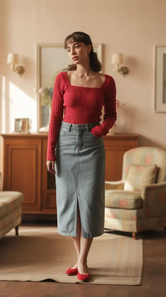 20 Stunning Red Outfit Ideas for Women: Looks to Inspire Your Wardrobe in 2025 4 Stylish woman in red sweater outfit with denim skirt and red ballet flats in a cozy vintage living room, perfect for casual style outfits and vintage red top for winter. red outfit ideas