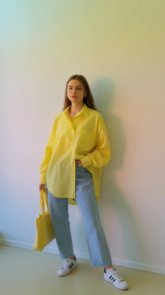 20 Stunning Yellow Outfit Ideas for Women: Chic, Casual & Cute Looks for Spring and Summer 2025 4 Stylish woman in oversized yellow striped shirt, light blue jeans, white sneakers, holding yellow tote bag, against white wall, summer 2025 outfit inspo. Yellow Outfit Ideas