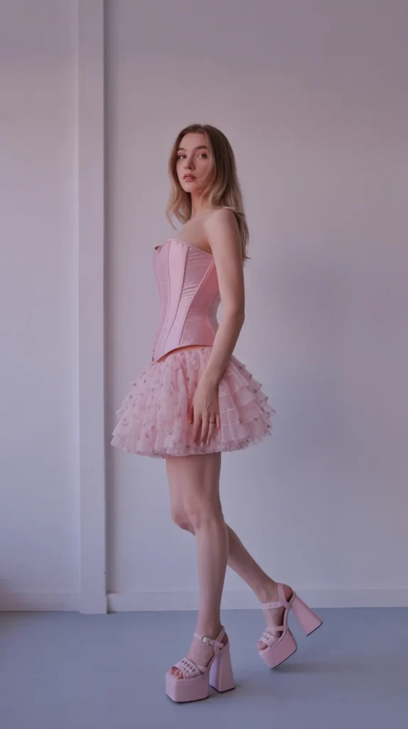 Corset with Ruffled Mini Skirt Pink Concert Outfit