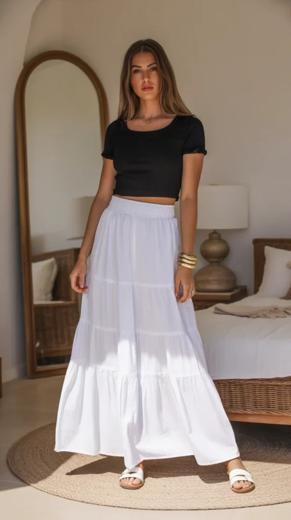 Stylish long white skirt outfit ideas with tiered maxi skirt, black top, gold bangles, and sandals for beachy summer days, bedroom mirror vibe, Pinterest fash