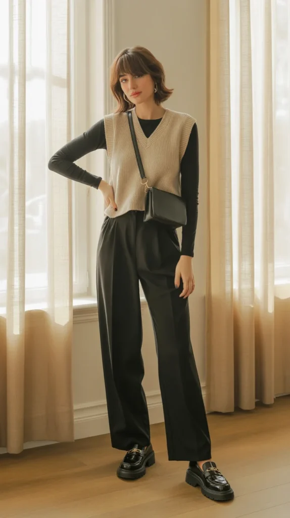Stylish woman in casual outfit ideas to look sophisticated with beige vest, black top, wide-leg trousers, loafers, and crossbody bag, bright room
