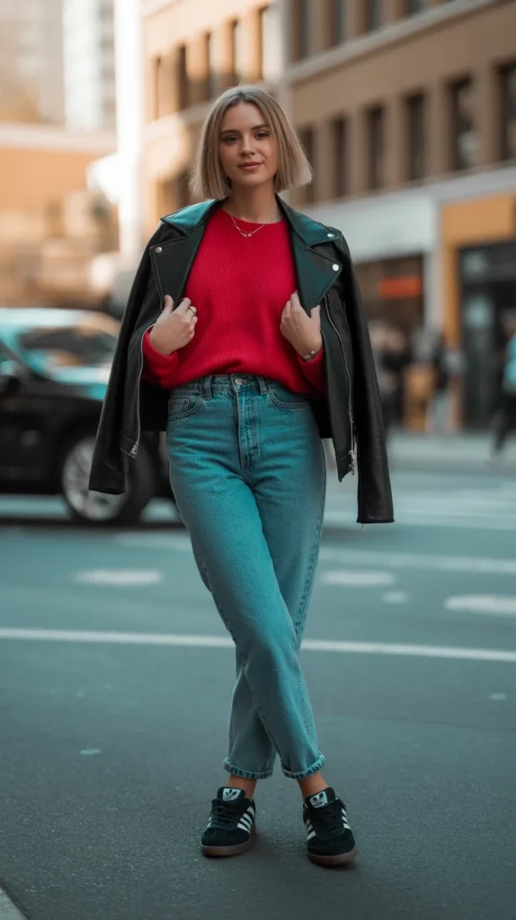 20 Stunning Red Outfit Ideas for Women: Looks to Inspire Your Wardrobe in 2025 5 Trendy woman in red sweater outfit with jeans and black leather jacket, standing on a city street, ideal for street style clothing and red outfits for women. (122 characters)