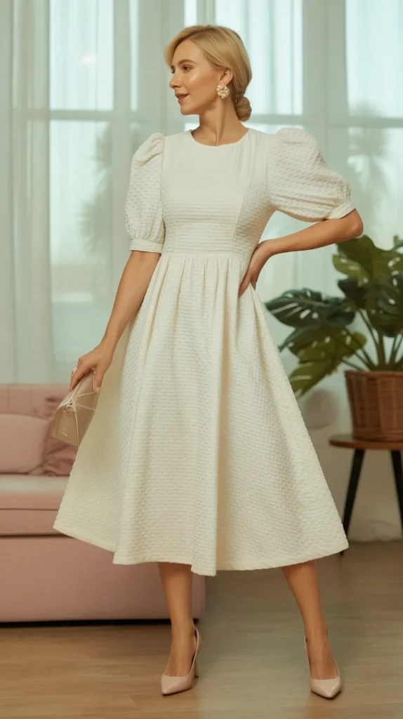 20 Classy Birthday Outfit Ideas for Women Over 30: Elegant and Chic Looks for Your Special Day 5 Elegant woman over 30 in textured white midi dress with pearl earrings and nude heels, classy birthday outfit, elegant dresses, white dress