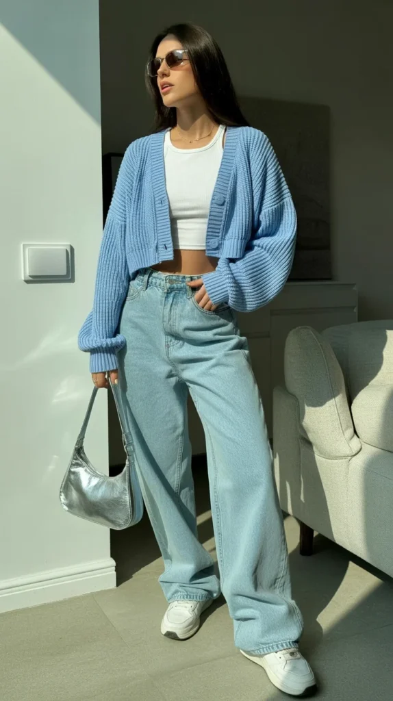 Trendy woman in casual outfit ideas to look sophisticated with light blue crop cardigan, white top, baggy jeans, sneakers, and silver bag, sunlit room.