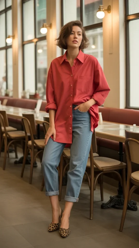20 Stunning Red Outfit Ideas for Women: Looks to Inspire Your Wardrobe in 2025 6 Chic woman in oversized red button-up shirt with rolled jeans and leopard print flats, posed in a café, great for streetwear feminine and casual red outfits.