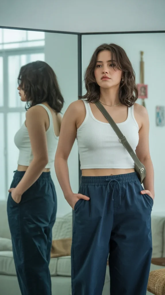  Midsize woman in white crop top, navy baggy pants, and crossbody bag, posing in a bright room with a mirror.
