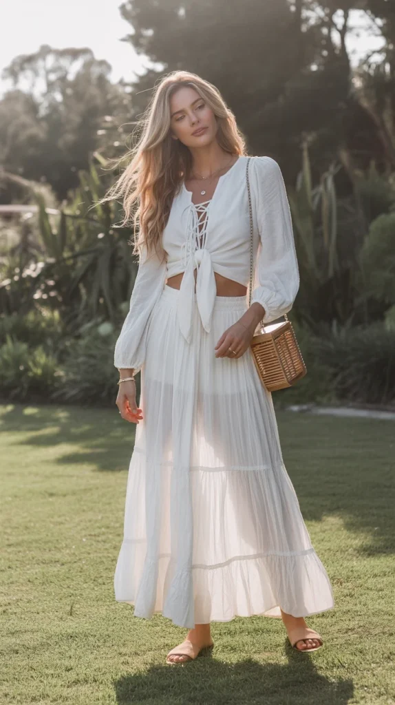 Boho long white skirt outfit ideas with tie-front blouse, flowy maxi skirt, and crossbody bag, garden coastal vibe, Pinterest white skirt styling