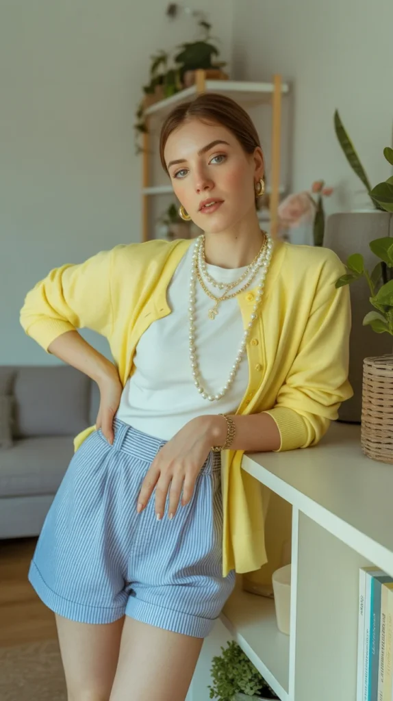20 Stunning Yellow Outfit Ideas for Women: Chic, Casual & Cute Looks for Spring and Summer 2025 6 Chic woman in yellow cardigan, striped blue shorts, pearl necklaces, leaning on shelf with plants, summer 2025 European style