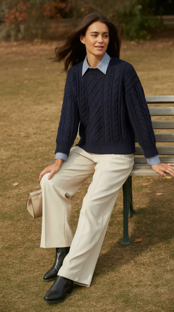Woman in sophisticated casual outfit ideas with navy knit sweater, striped shirt, cream trousers, boots, and handbag, park bench setting. 