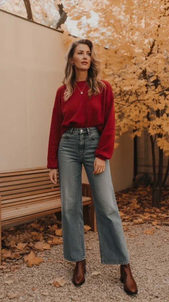 20 Stunning Red Outfit Ideas for Women: Looks to Inspire Your Wardrobe in 2025 7 Stylish woman in red sweater outfit with wide-leg jeans and brown boots in a fall setting, perfect for outfit inspo fall and mode vintage looks.