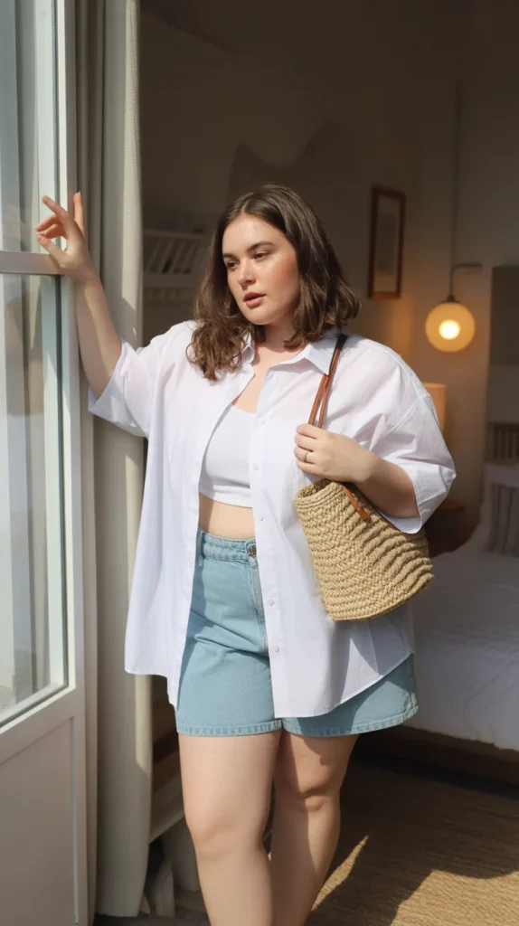 Plus-size woman in white oversized shirt, light blue denim shorts, and straw bag, near a sunny window in a cozy bedroom.