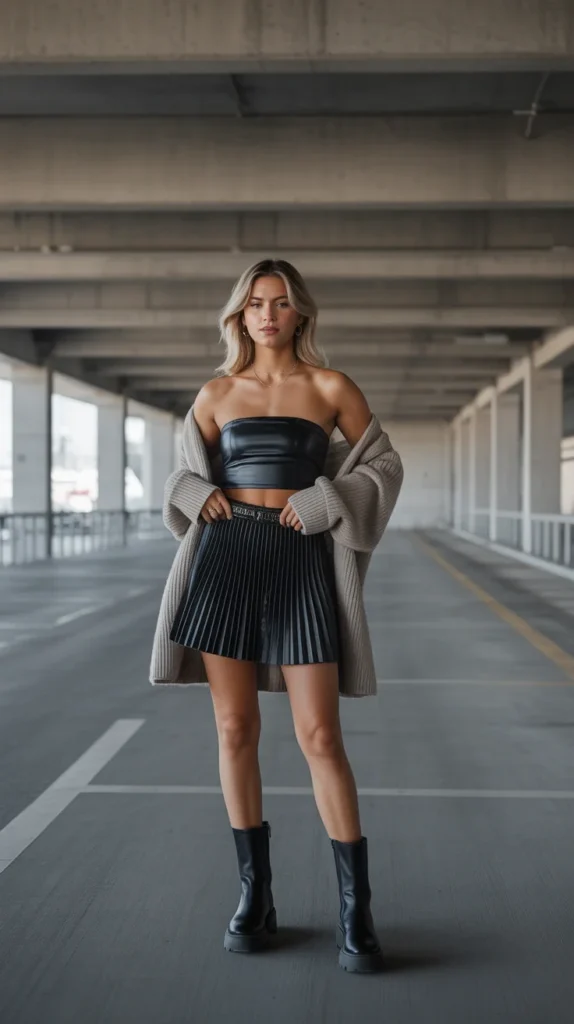 20 Chic Short Skirt Outfit ideas for Every Season: Stylish Looks to Try Now 7 0004 1 black pleated mini skirt with strapless g6ulRFMISPmJBDw2V6Fing RKIi1GagSQuQTytHKJyPSQ