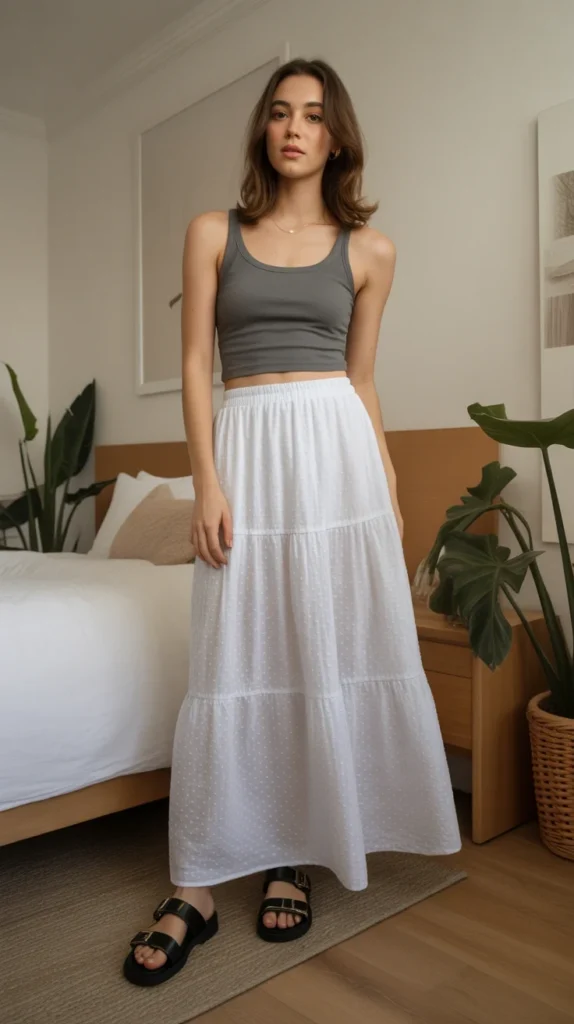 Effortless long white skirt outfit ideas with grey tank, tiered maxi skirt, and sandals, bedroom summer look, Pinterest modest outfit inspo