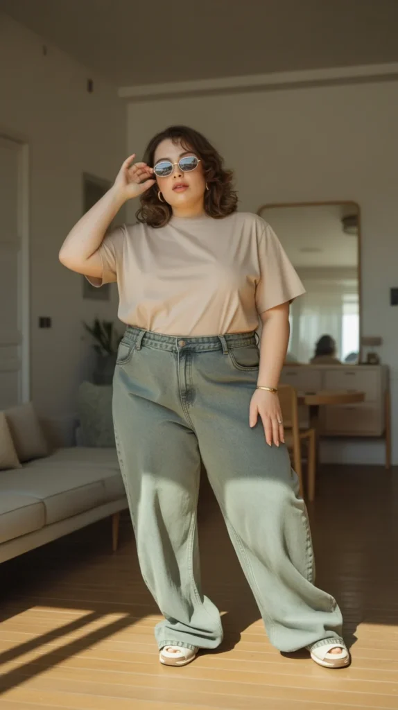  Curvy woman in beige t-shirt, faded green baggy jeans, and sunglasses, posing in a well-lit living room with mirror.