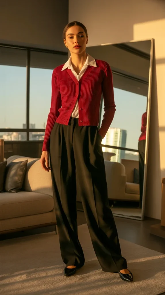 20 Stunning Red Outfit Ideas for Women: Looks to Inspire Your Wardrobe in 2025 8 Elegant woman in red cardigan outfit with white shirt and black trousers, in a modern apartment, ideal for modest fashion outfits and red top outfit.
