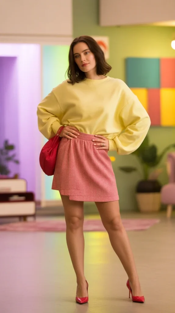 20 Stunning Yellow Outfit Ideas for Women: Chic, Casual & Cute Looks for Spring and Summer 2025 8 Bold woman in pale yellow sweater, red gingham skirt, red heels, in colorful room, spring 2025 preppy outfit idea
