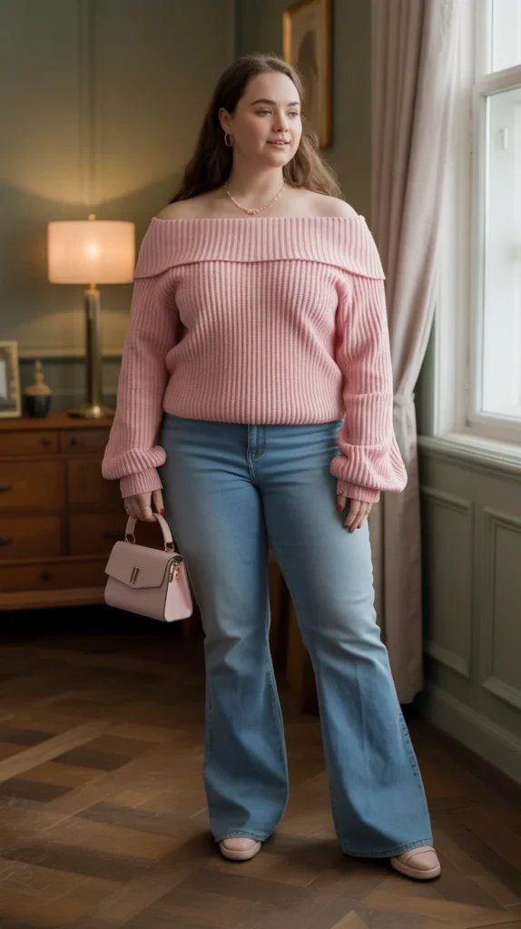 Plus-size woman in pink off-shoulder sweater, flared jeans, and small handbag, in a cozy room with natural light.