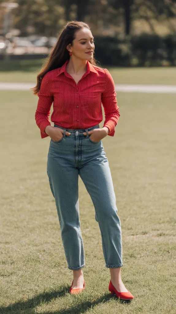 20 Stunning Red Outfit Ideas for Women: Looks to Inspire Your Wardrobe in 2025 9 Vibrant woman in red striped shirt outfit with jeans and red flats in a park, perfect for red top and jeans style and casual outfits for women.