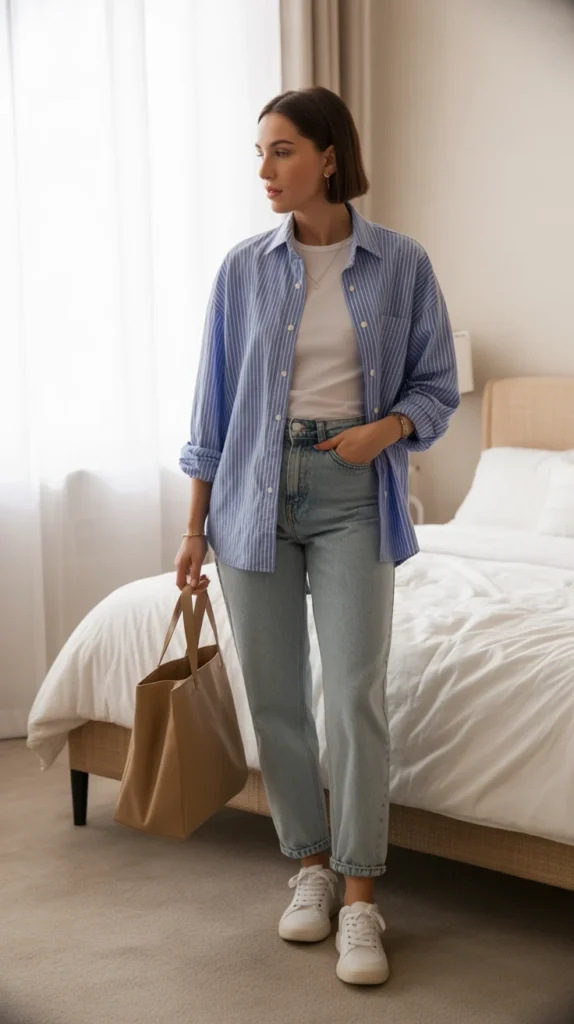 Woman in sophisticated casual outfit ideas with striped shirt, high-waisted jeans, white sneakers, and tan tote, bright bedroom. 