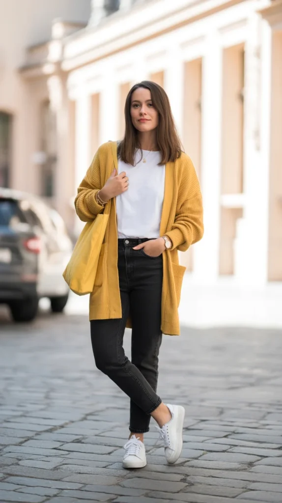 20 Stunning Yellow Outfit Ideas for Women: Chic, Casual & Cute Looks for Spring and Summer 2025 9 Trendy woman in mustard yellow cardigan, black jeans, white sneakers, on cobblestone street, spring 2025 street style