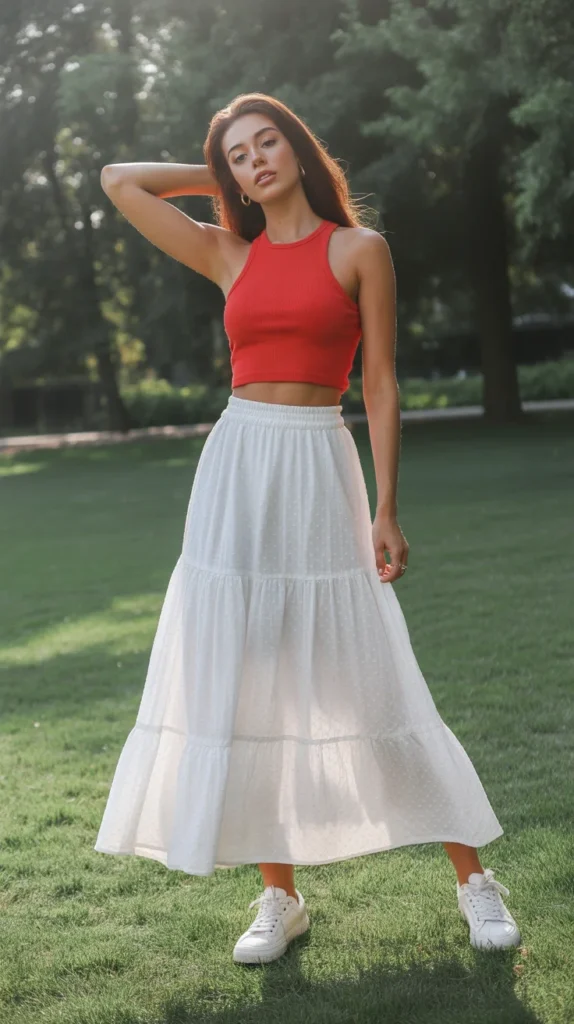 Vivid long white skirt outfit ideas with red crop top, tiered maxi skirt, sneakers, park trendy look, Pinterest white skirt outfit ideas