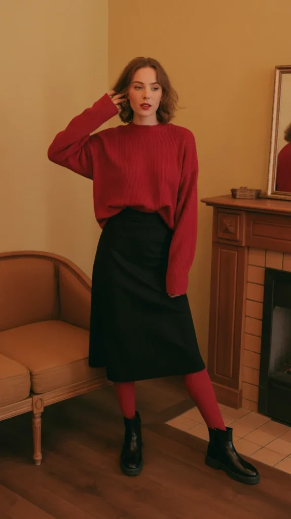 20 Stunning Red Outfit Ideas for Women: Looks to Inspire Your Wardrobe in 2025 10 Cozy woman in red sweater outfit with black midi skirt and red tights, in a vintage room, great for red outfit cottagecore and fall fashion outfits.