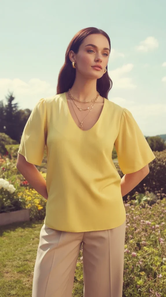 20 Stunning Yellow Outfit Ideas for Women: Chic, Casual & Cute Looks for Spring and Summer 2025 10 Elegant woman in butter yellow top, beige trousers, gold accessories, in sunlit garden, summer 2025 chic look