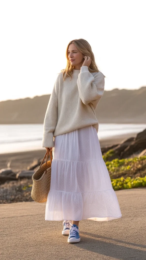 Warm long white skirt outfit ideas with cream sweater, tiered maxi skirt, sneakers, coastal beach vibe, Pinterest modest summer fashion