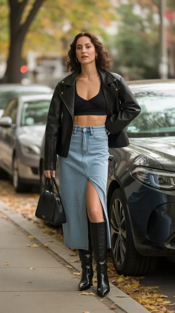 Bold woman in sophisticated casual outfit ideas with black crop top, denim slit skirt, leather jacket, boots, and handbag, autumn sidewalk