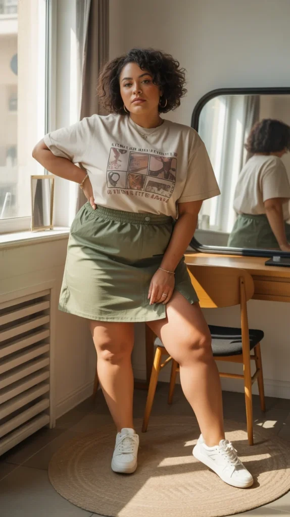 Curvy woman in graphic tee, olive green mini skirt, and white sneakers, posing in a sunlit room with mirror.