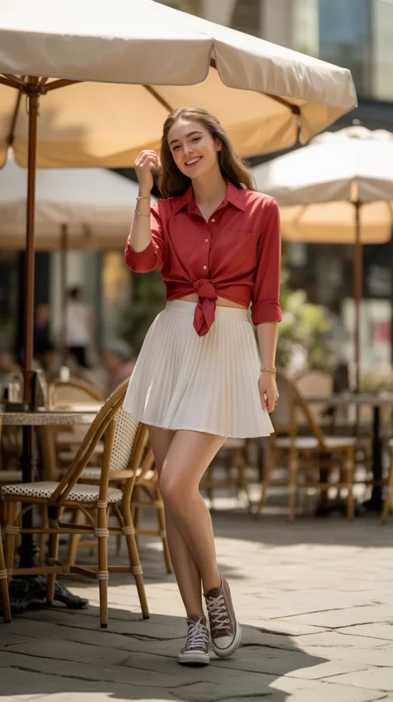20 Stunning Red Outfit Ideas for Women: Looks to Inspire Your Wardrobe in 2025 11 Playful woman in red button-down shirt with pleated skirt and Converse, in a café, ideal for coquette shoes Converse and casual style outfits