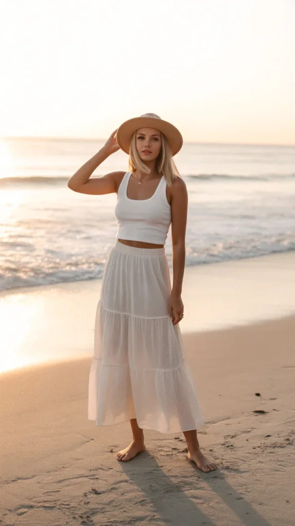 Radiant long white skirt outfit ideas with tank top, ruffle maxi skirt, sun hat, beach glow, Pinterest white skirt maxi outfit inspo
