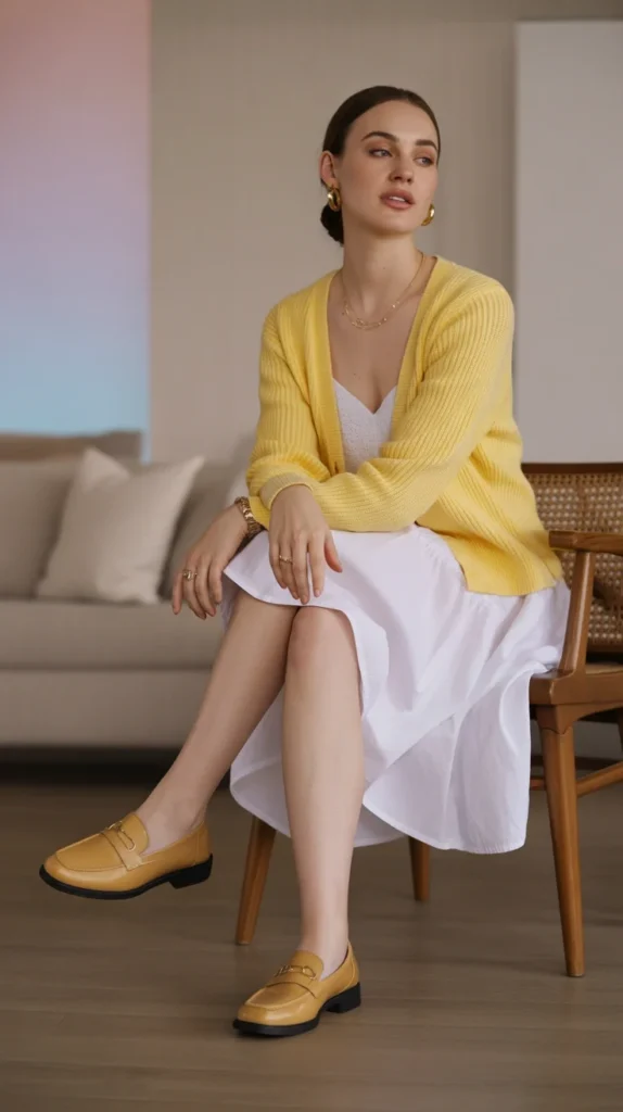 20 Stunning Yellow Outfit Ideas for Women: Chic, Casual & Cute Looks for Spring and Summer 2025 11 Sophisticated woman in yellow V-neck cardigan, white sundress, tan loafers, in minimalist room, spring 2025 style