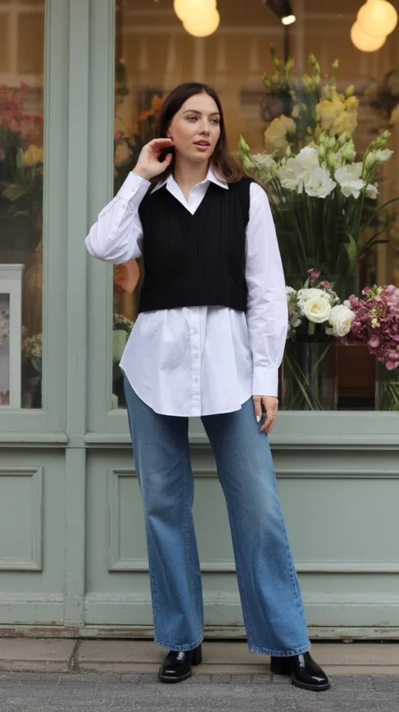 Preppy woman in casual outfit ideas to look sophisticated with white shirt, black vest, wide-leg jeans, boots, floral shop background