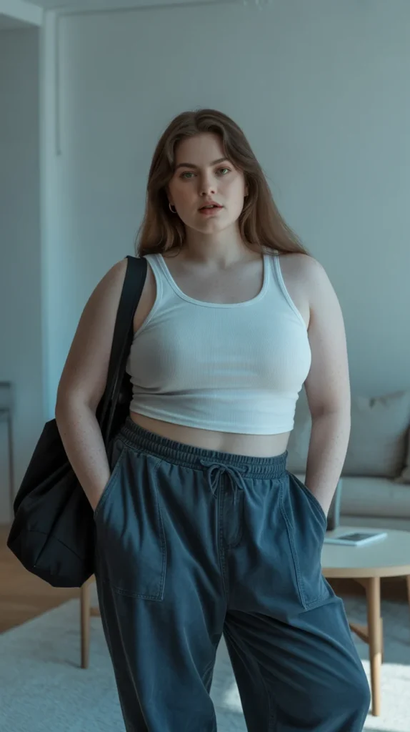 Plus-size woman in white tank top, dark blue baggy pants, and black bag, in a modern room with soft lighting.