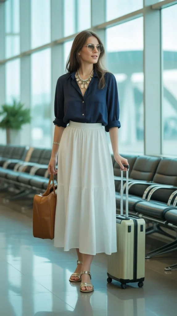 Elegant long white skirt outfit ideas with navy blouse, flowy skirt, necklace, sandals, airport travel look, Pinterest fashion style