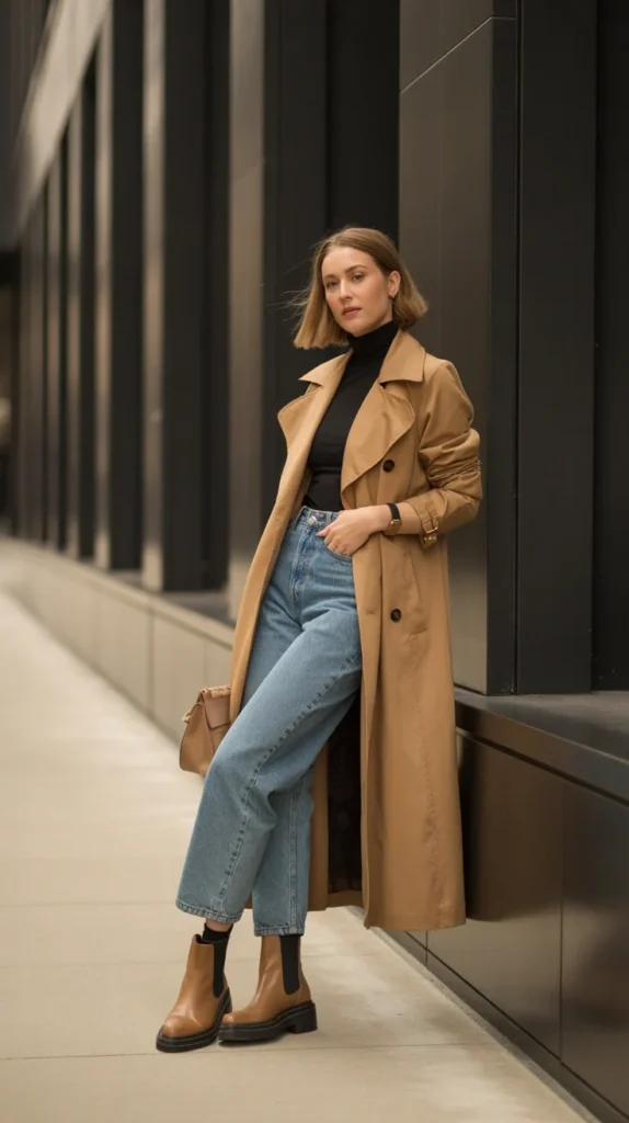 Timeless woman in sophisticated casual outfit ideas with camel coat, black turtleneck, jeans, boots, and handbag, modern building