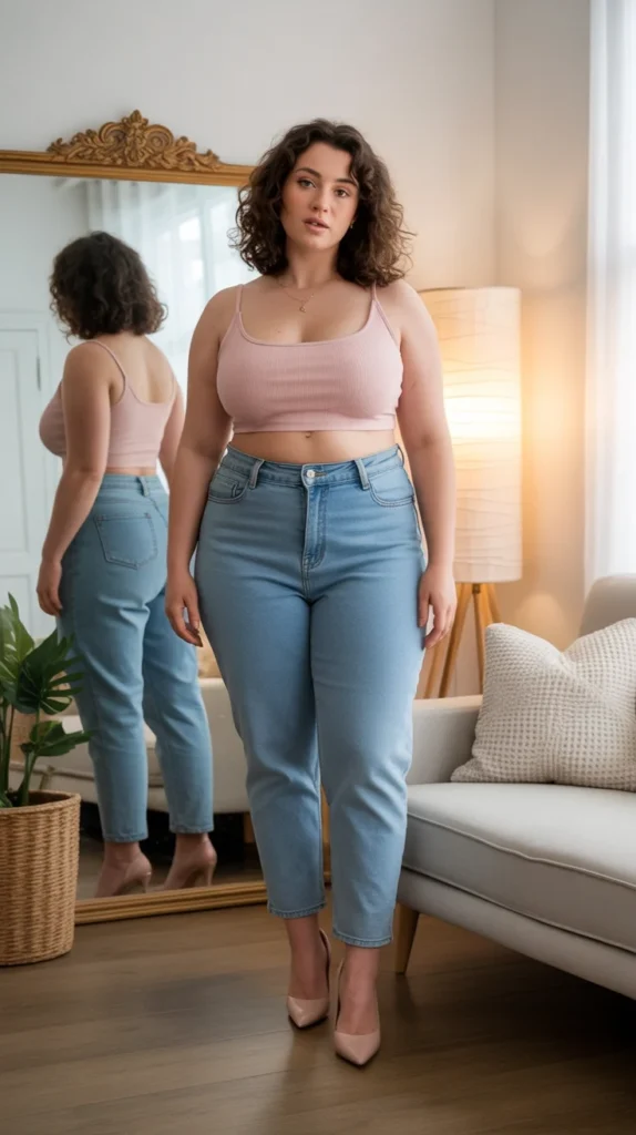 Curvy woman in light pink crop top, high-waisted jeans, and heels, posing in a bright room with mirror