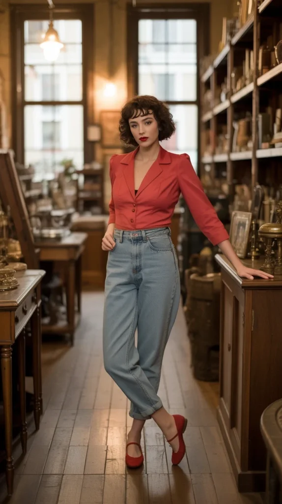 20 Stunning Red Outfit Ideas for Women: Looks to Inspire Your Wardrobe in 2025 13 Retro woman in red vintage blouse with jeans and red ballerinas, in an antique shop, great for moda vintage and red fashion outfits