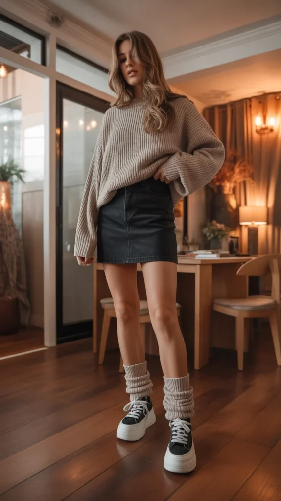 20 Chic Short Skirt Outfit ideas for Every Season: Stylish Looks to Try Now 13 0010 1 black mini skirt with leg warmers and pl O16oIG14Re27dabcPepyjA nJHqLcddR1CS4ak CqdmWQ