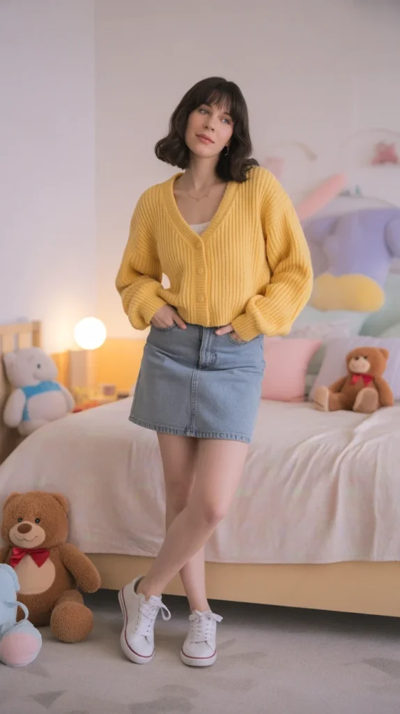 20 Stunning Yellow Outfit Ideas for Women: Chic, Casual & Cute Looks for Spring and Summer 2025 13 Youthful woman in chunky yellow cardigan, denim skirt, white sneakers, in bright bedroom, spring 2025 casual outfit.
