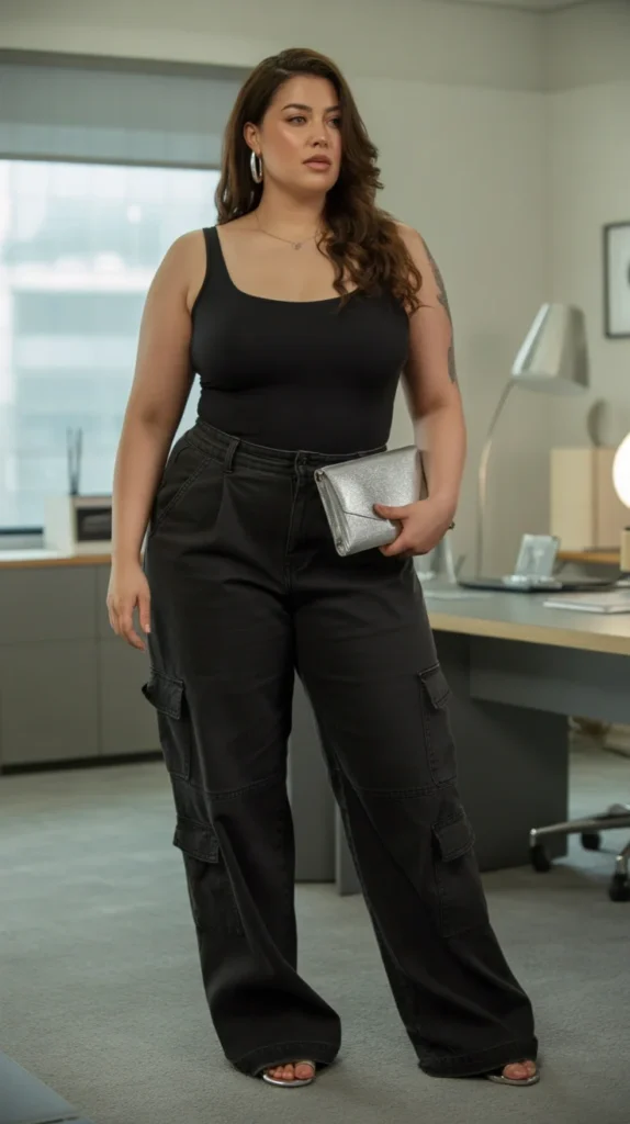 Plus-size woman in black bodysuit, cargo pants, and silver clutch, in a well-lit office-like room with desk.
