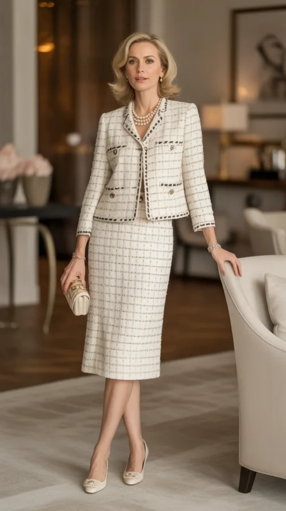 20 Classy Birthday Outfit Ideas for Women Over 30: Elegant and Chic Looks for Your Special Day 14 Refined woman over 30 in Chanel tweed set with pearls and pumps, classy birthday outfit, old money outfits, elegant dresses, chic birthday outfits