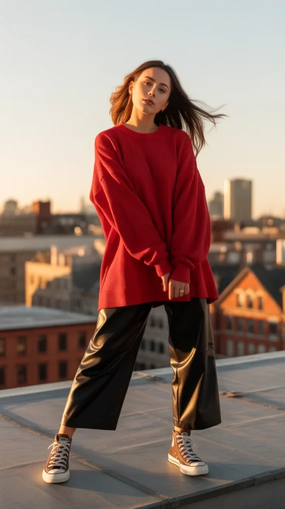 20 Stunning Red Outfit Ideas for Women: Looks to Inspire Your Wardrobe in 2025 14 Bold woman in red oversized sweater with leather pants and Converse, on a rooftop, ideal for streetwear feminine and cute street wear outfits