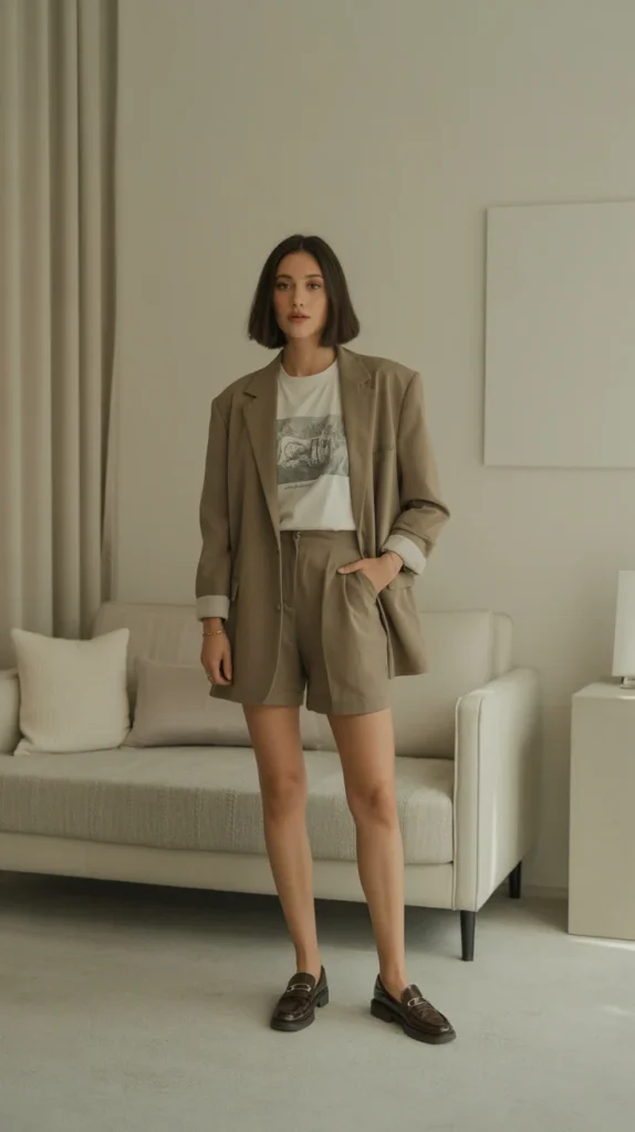Modern woman in sophisticated casual outfit ideas with oversized blazer, graphic tee, tailored shorts, loafers, minimalist room