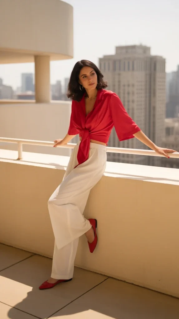 20 Stunning Red Outfit Ideas for Women: Looks to Inspire Your Wardrobe in 2025 15 Chic woman in red blouse with white wide-leg pants and red flats, on a balcony, perfect for red and white outfit and chic red summer shirt.