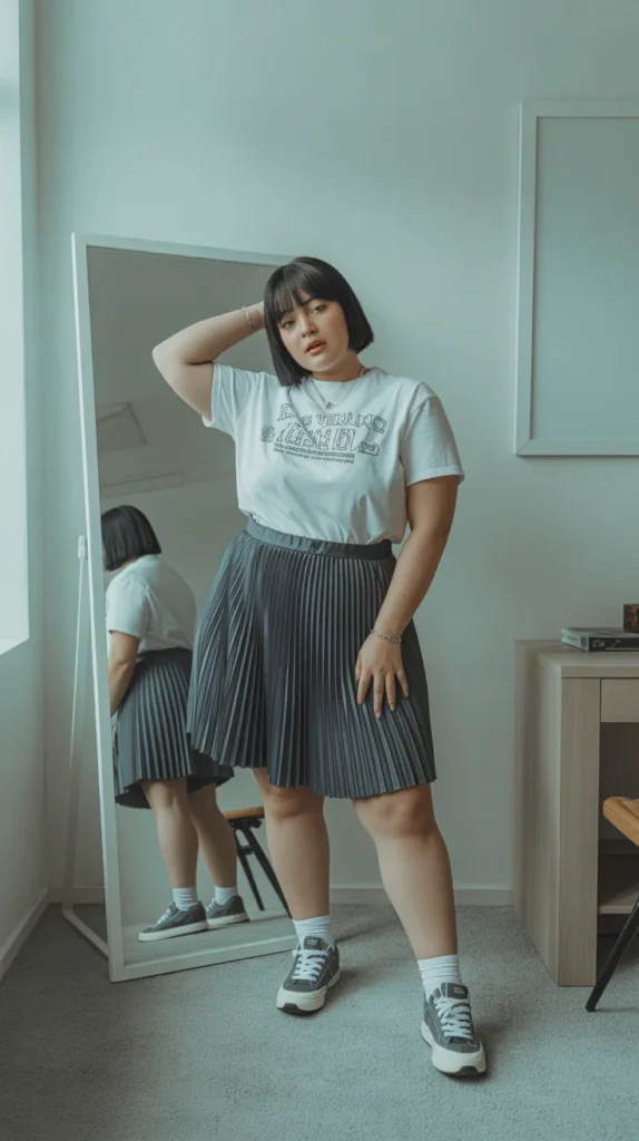 Midsize woman in white graphic tee, gray pleated skirt, and sneakers, in a bright room with mirror.
