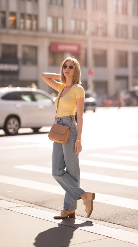 20 Stunning Yellow Outfit Ideas for Women: Chic, Casual & Cute Looks for Spring and Summer 2025 15 Trendy woman in yellow top, high-waisted jeans, tan crossbody bag, on city sidewalk, summer 2025 casual look